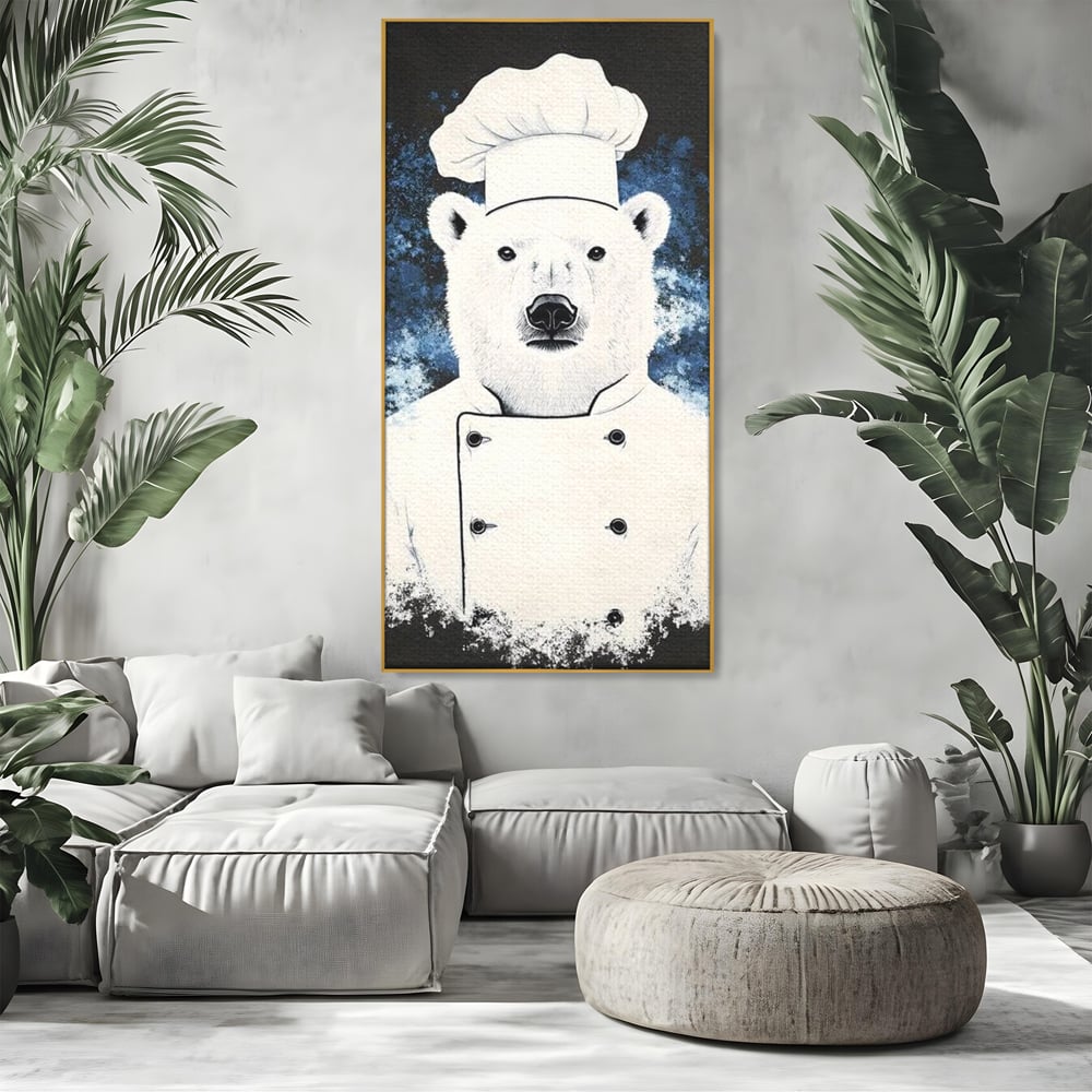 Tablou canvas cu tablou canvas cu urs polar bucatar, in rama de aluminiu auriu, pe perete intr-un living